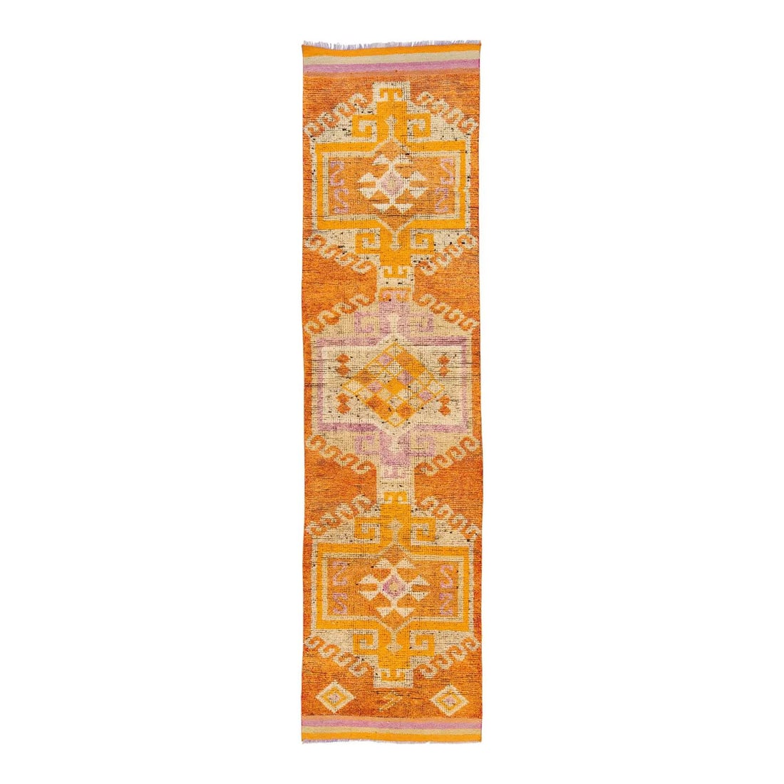 2'11" x 11'6" Turkish Wool Runner with Orange Tribal Motifs: 2'11" x 11'6" Turkish Wool Runner with Orange Tribal Motifs This vintage Turkish runner is handwoven from natural wool and showcases three bold diamond-shaped medallions surrounded by stepped tribal m