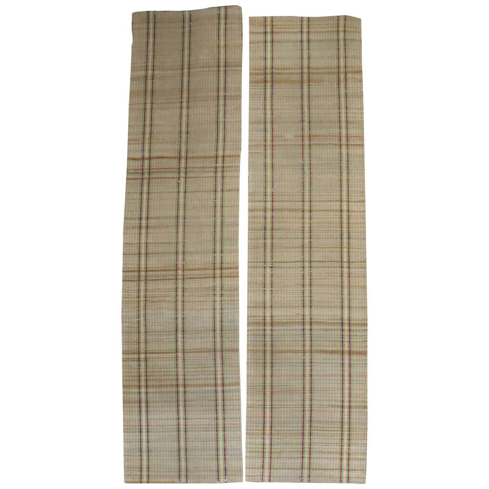 Set of 2 Mid-Century Plaid Jute Rag Rug Runners: Set of 2 Mid-Century Plaid Jute Rag Rug Runners This set of two mid-20th century American rag rug runners features a distinctive plaid motif on a straw-colored ground. Hand-knotted from jute, these ma