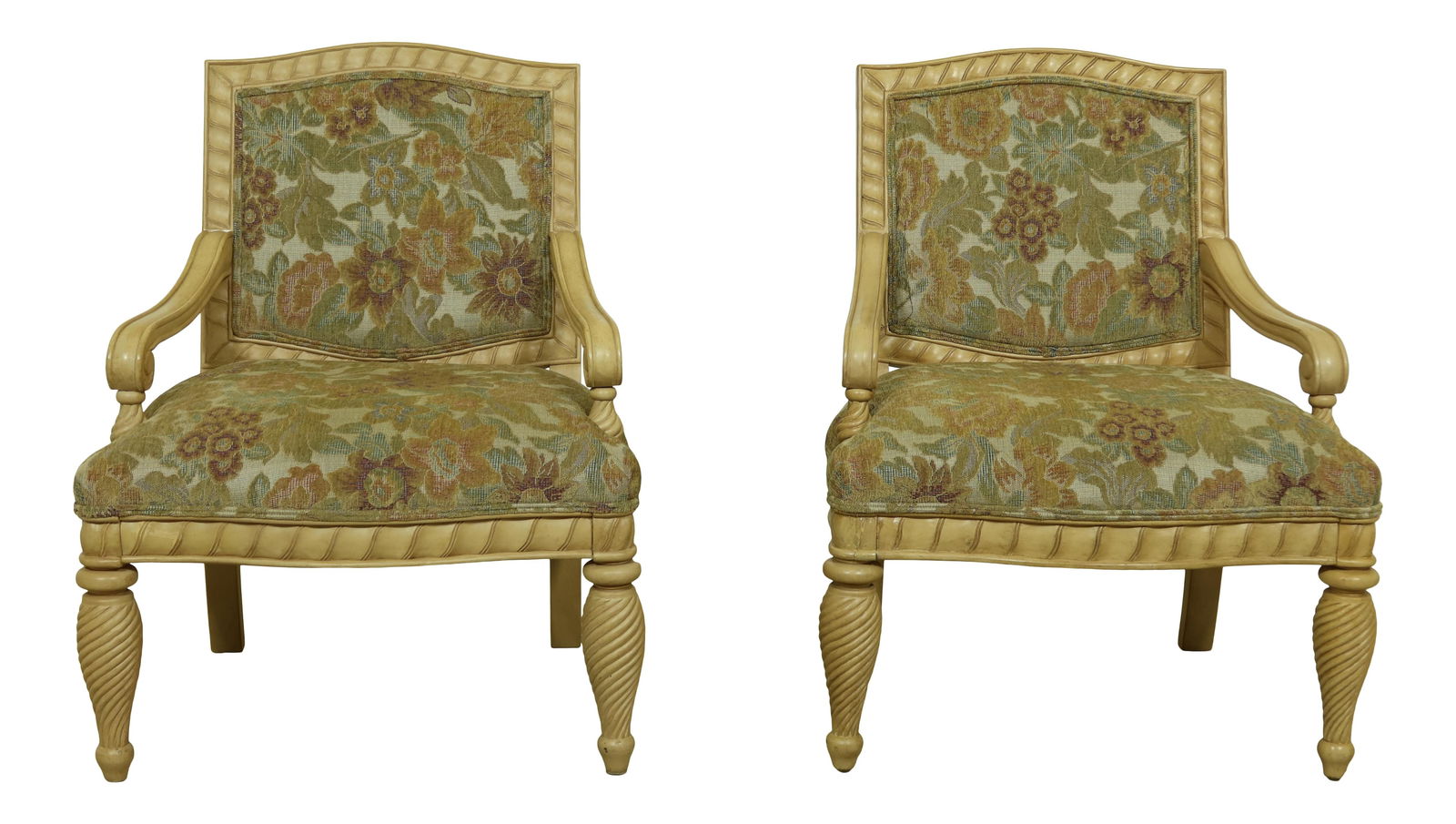 Elegant Broyhill Venetian Style Upholstered Armchairs - Pair: Elegant Broyhill Venetian Style Upholstered Armchairs - Pair This pair of Broyhill Venetian Style Upholstered Open Armchairs showcases impressive craftsmanship with their quality construction and eleg
