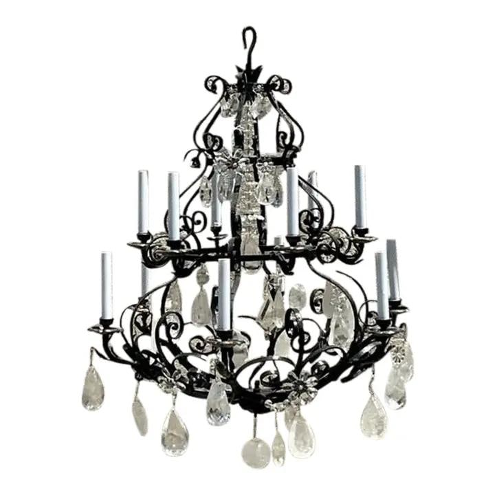 Vintage Regency Wrought Iron Rock Crystal Chandelier 29" Diameter: Vintage Regency Wrought Iron Rock Crystal Chandelier 29" Diameter Enhance your home with this Vintage Regency Wrought Iron and Rock Crystal Chandelier, a perfect blend of classic elegance and modern f