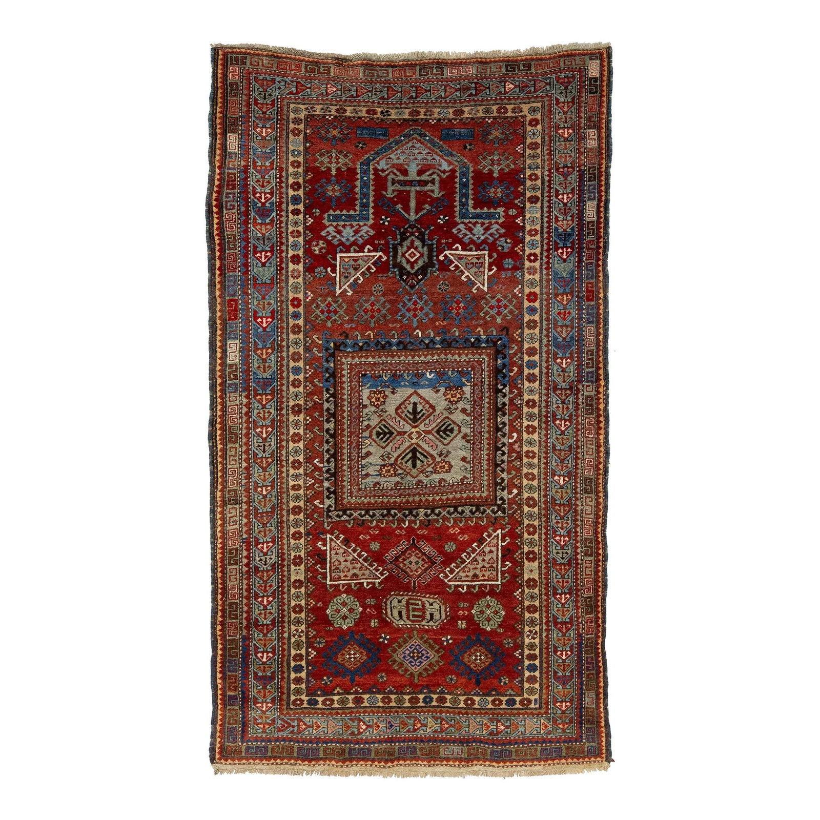 Handcrafted Red Kazak Wool Rug with Geometric Design 4'1 x 7'3: Handcrafted Red Kazak Wool Rug with Geometric Design 4'1 x 7'3 Discover this stunning handcrafted Caucasian Kazak wool rug, showcasing a vibrant red palette beautifully complemented by delicate green,