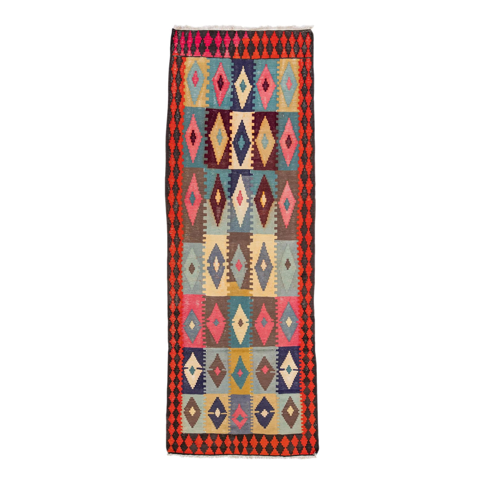 Vintage Turkish Kilim Handmade Wool Rug Geometric Design 3'8 x 10'6: Vintage Turkish Kilim Handmade Wool Rug Geometric Design 3'8 x 10'6 Discover this exquisite vintage Turkish Kilim rug, meticulously hand-knotted from high-quality wool. The striking red field is beaut