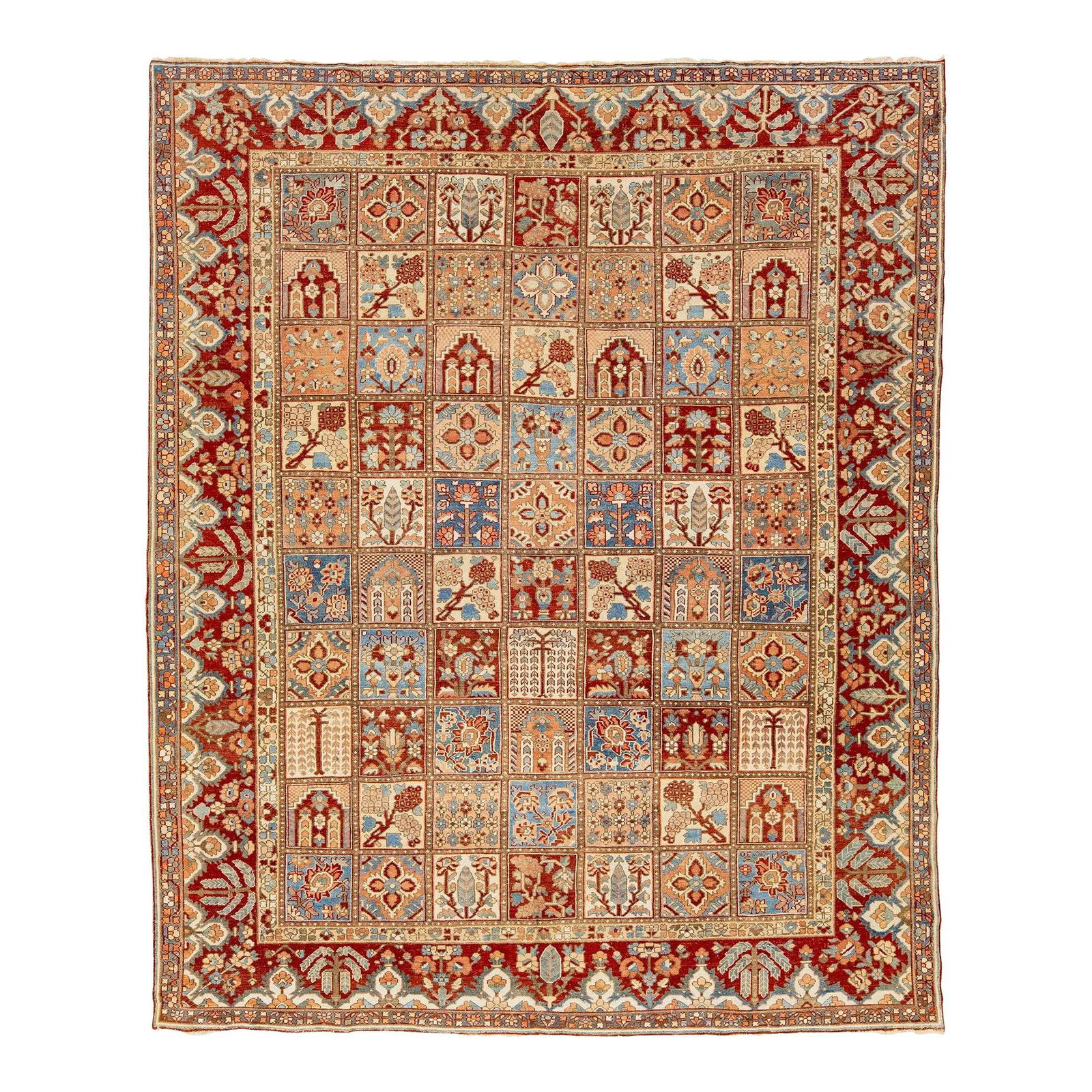 Antique 1920s Persian Bakhtiari Wool Rug 11' x 13'3' Floral Design: Antique 1920s Persian Bakhtiari Wool Rug 11' x 13'3' Floral Design This stunning antique Bakhtiari rug showcases exquisite hand-knotting and features a vibrant color palette of red-rust, blue, beige,