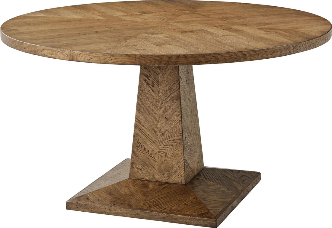 Theodore Alexander Nova Modern Circular Oak Dining Table Parquetry Top: Theodore Alexander Nova Modern Circular Oak Dining Table Parquetry Top Elevate your dining experience with this stunning Modern Oak Dining Table featuring a beautifully crafted parquetry top. Designed