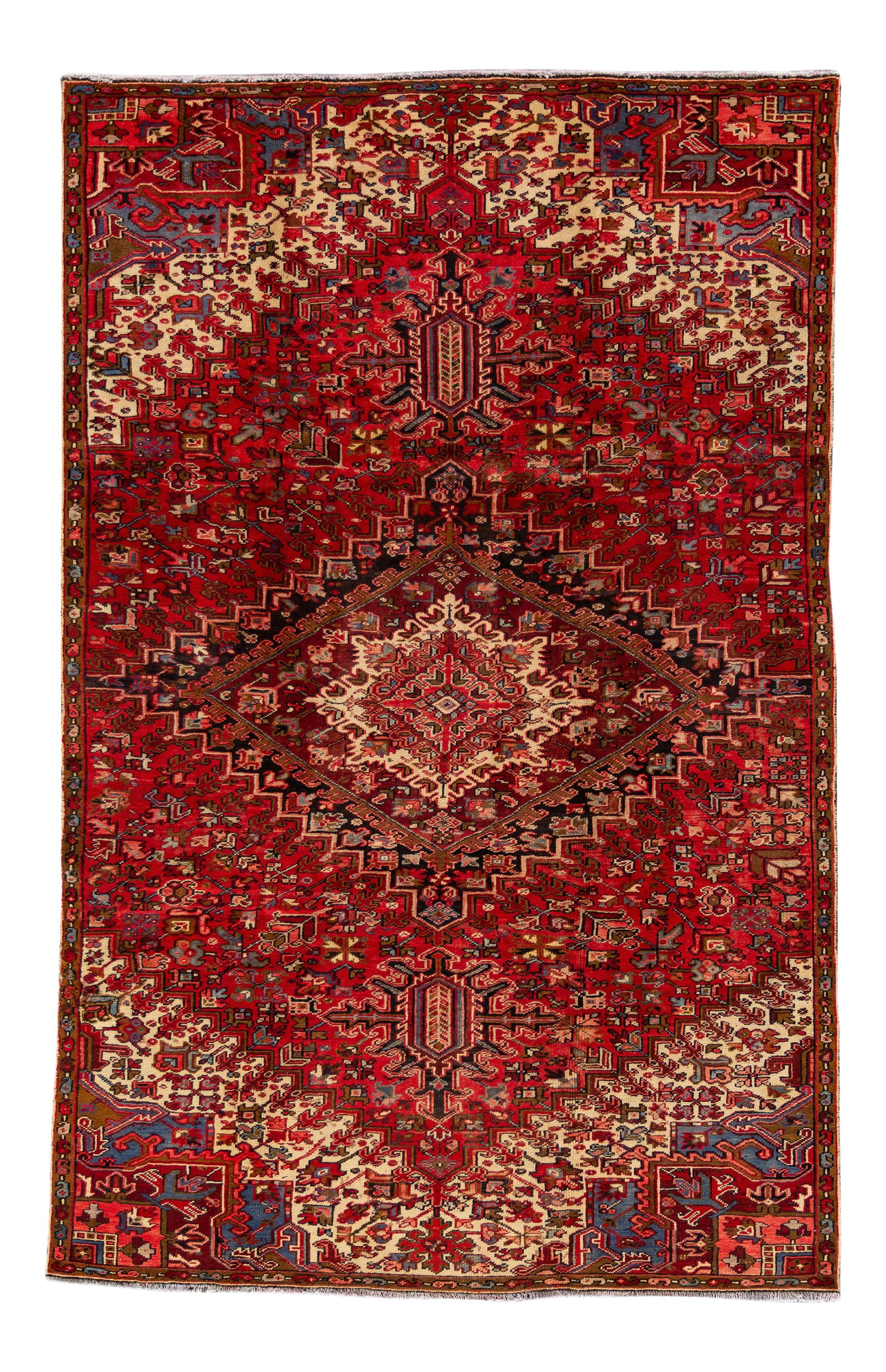 Vintage Persian Heriz Wool Rug Red Geometric Design 6'10 X 10'7: Vintage Persian Heriz Wool Rug Red Geometric Design 6'10 X 10'7 This exquisite vintage hand-knotted Persian Heriz rug features a classic geometric medallion design set against a vibrant red field. Wit