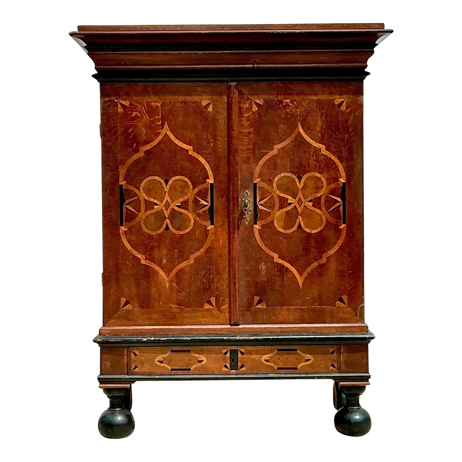 Vintage Boho Dutch Inlay Cabinet with Intricate Wood Patterns: Vintage Boho Dutch Inlay Cabinet with Intricate Wood Patterns This vintage Boho Dutch inlay cabinet showcases stunning craftsmanship with intricate wood patterns, perfect for infusing your space with