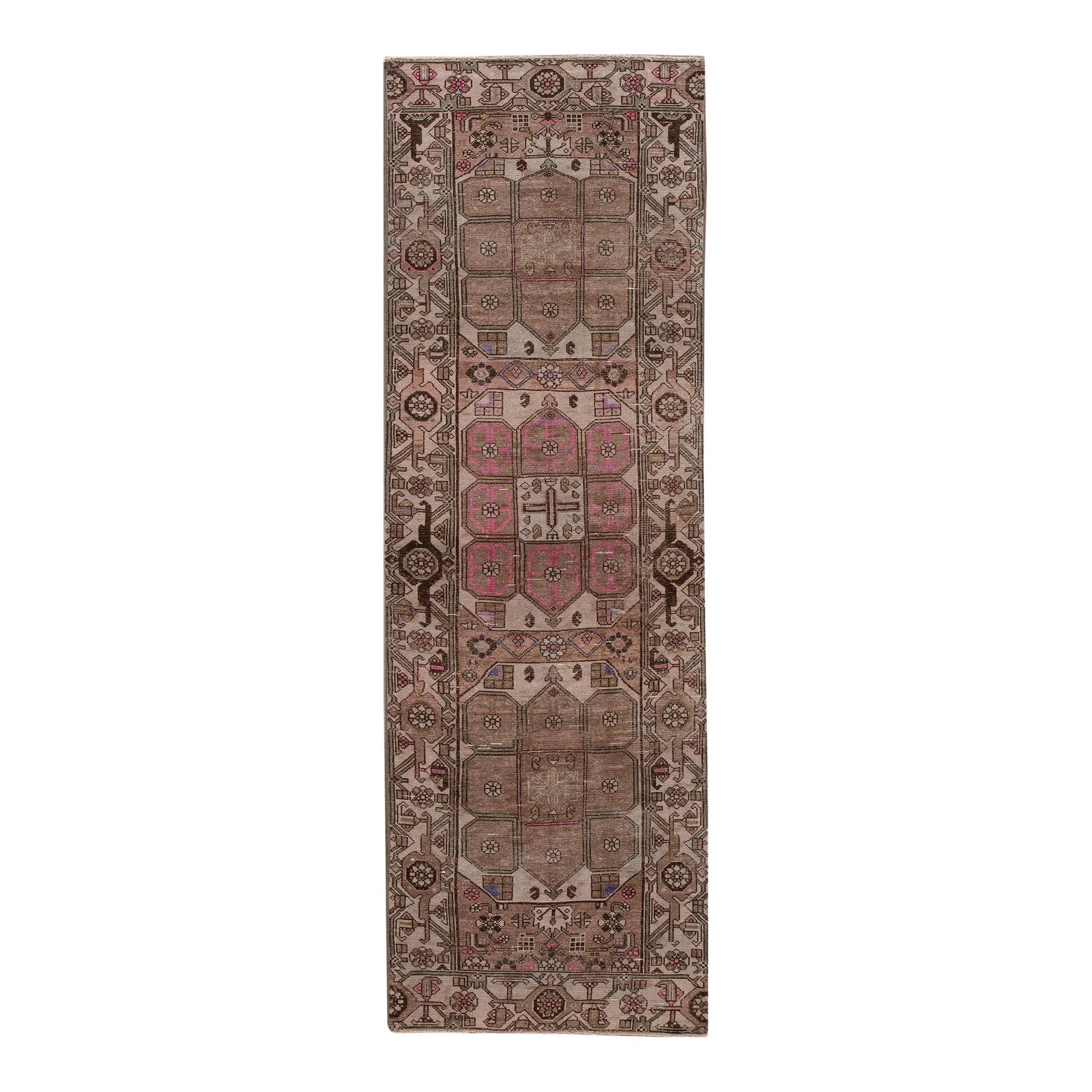 1960s Vintage Persian Malayer Wool Runner Brown Geometric Design 3'2" x 10': 1960s Vintage Persian Malayer Wool Runner Brown Geometric Design 3'2" x 10' This exquisite vintage Persian Malayer runner is hand-knotted from high-quality wool, featuring a rich brown color field ado
