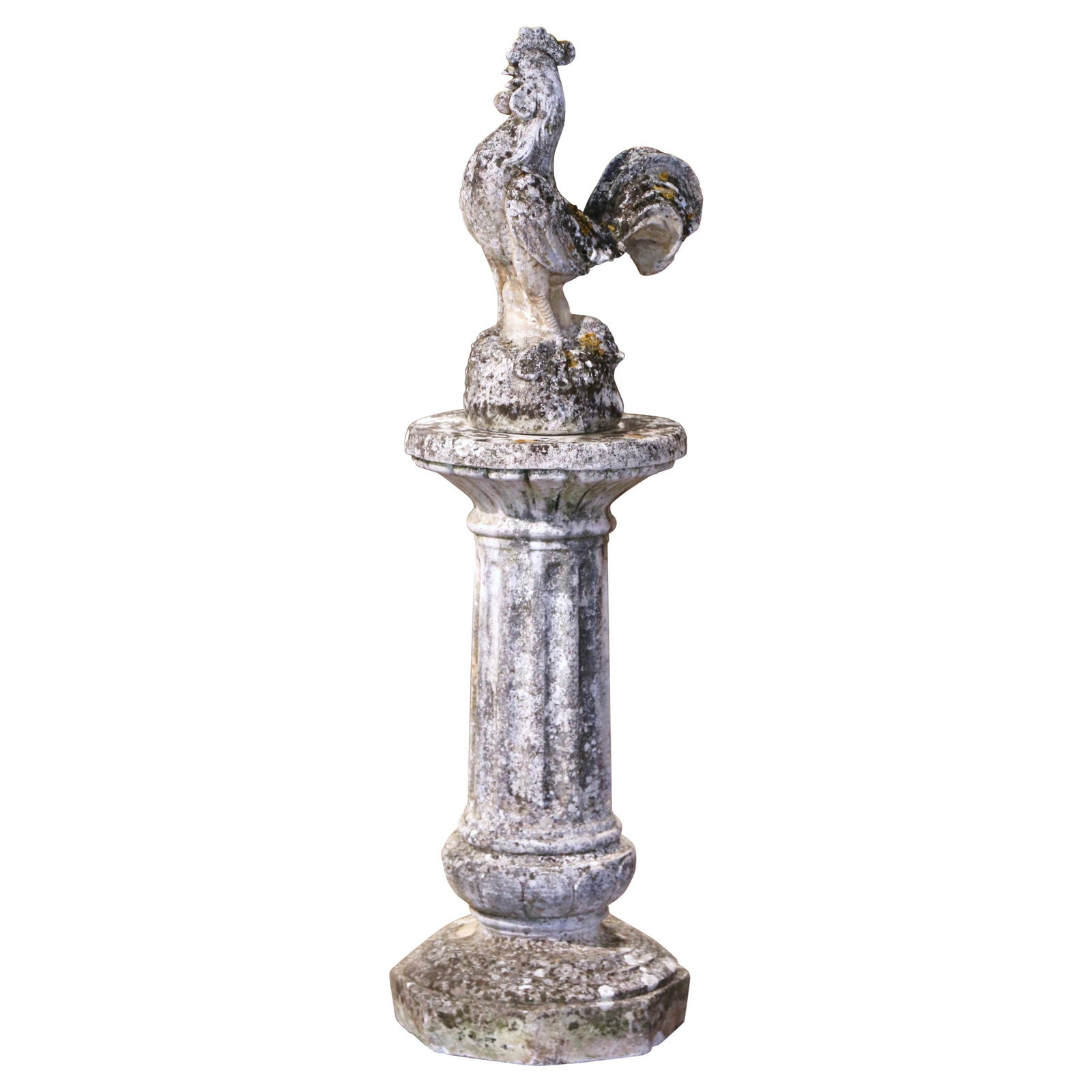Early 20th Century French Hand-Carved Concrete Rooster Sculpture on Pedestal: Early 20th Century French Hand-Carved Concrete Rooster Sculpture on Pedestal Enhance your garden, courtyard, or terrace with this exquisite early 20th-century French carved concrete rooster sculpture.