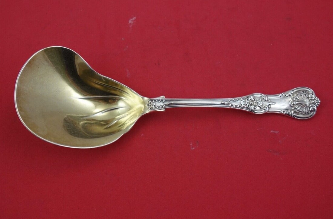 Tiffany & Co English King Sterling Silver Berry Spoon 9 3/8 Inch Gold Washed Conch: Tiffany & Co English King Sterling Silver Berry Spoon 9 3/8 Inch Gold Washed Conch Experience the elegance of the English King pattern by Tiffany & Co., a distinguished sterling silver serving spoon m
