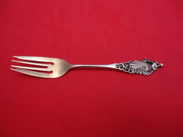 Gorham Nuremberg Sterling Silver Salad Fork 5 7/8 Gold Washed Lady 1886: Gorham Nuremberg Sterling Silver Salad Fork 5 7/8 Gold Washed Lady 1886 This exquisite salad fork is part of the Nuremberg pattern, crafted by Gorham in sterling silver. Measuring 5 7/8 inches, it fea