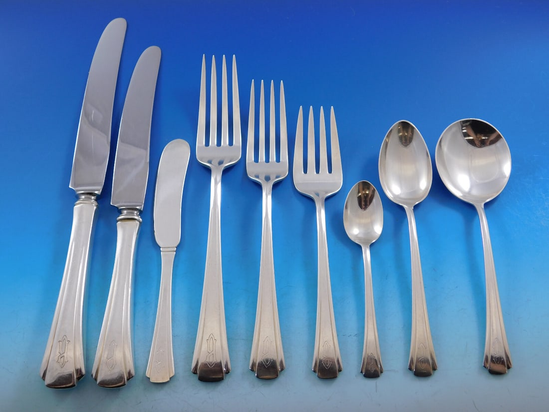 Richard Dimes Debutante Sterling Silver Flatware Set 104 pcs Art Deco Monogram: Richard Dimes Debutante Sterling Silver Flatware Set 104 pcs Art Deco Monogram Experience the elegance of the Debutante Sterling Silver Flatware Set by Richard Dimes, a stunning collection featuring 1
