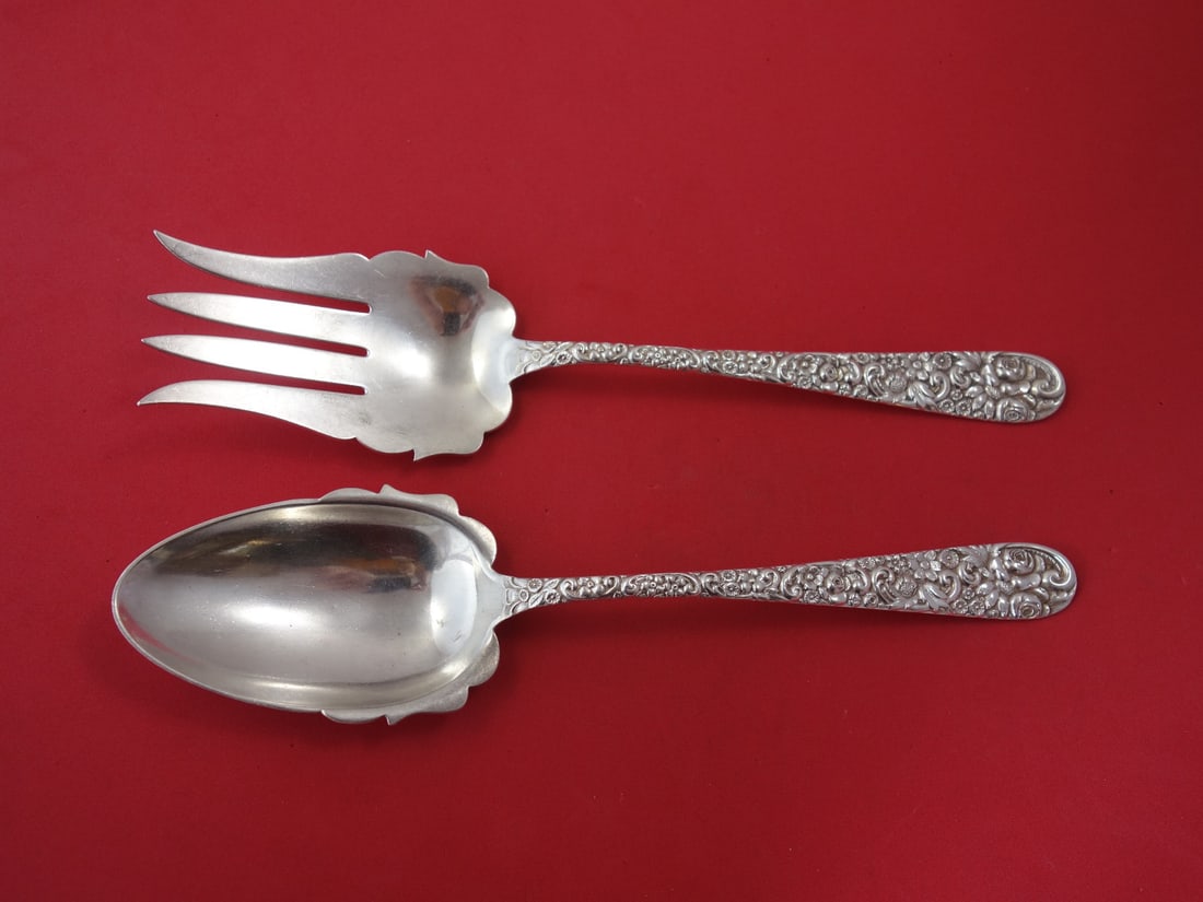 Jacobi and Jenkins Sterling Silver Repousse Salad Serving Set 2-Piece: Jacobi and Jenkins Sterling Silver Repousse Salad Serving Set 2-Piece Elevate your dining experience with this exquisite 2-piece salad serving set in the timeless Repousse pattern by Jacobi and Jenkin