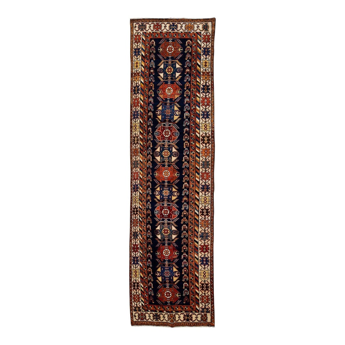 Antique Malayer Tribal Design Wool Runner 3'3 x 11'11 Blue: Antique Malayer Tribal Design Wool Runner 3'3 x 11'11 Blue This exquisite antique Malayer runner rug is hand-knotted from high-quality wool, featuring a rich navy-blue field adorned with a striking al