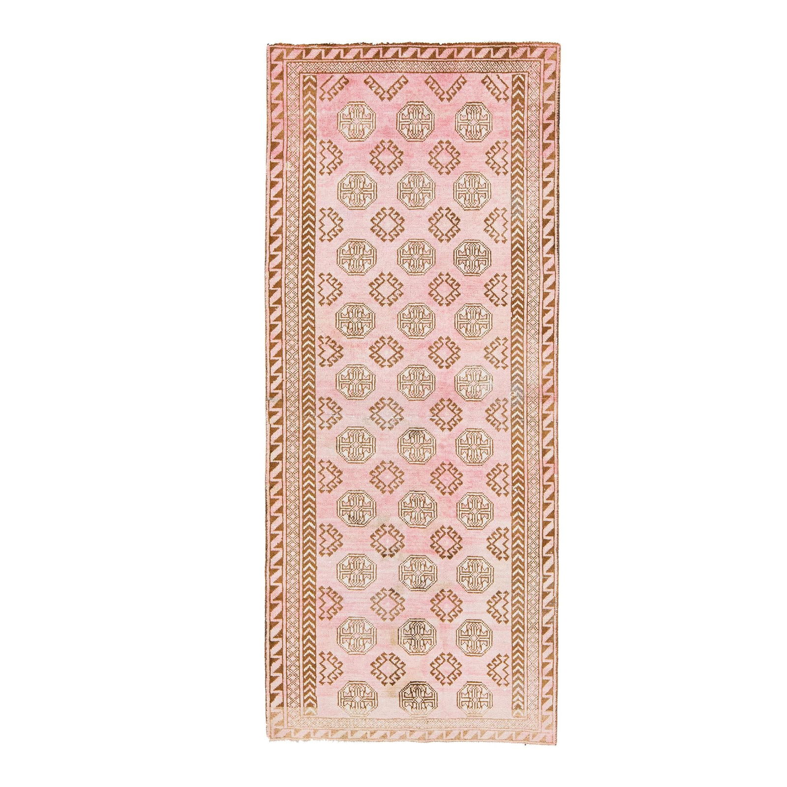 Vintage Persian Balouch Pink Handmade Geometric Wool Rug 2'7 x 6'3: Vintage Persian Balouch Pink Handmade Geometric Wool Rug 2'7 x 6'3 Add a touch of vintage charm to your home with this exquisite 1960s Persian Balouch hand-knotted wool rug. Featuring a soft pink fiel
