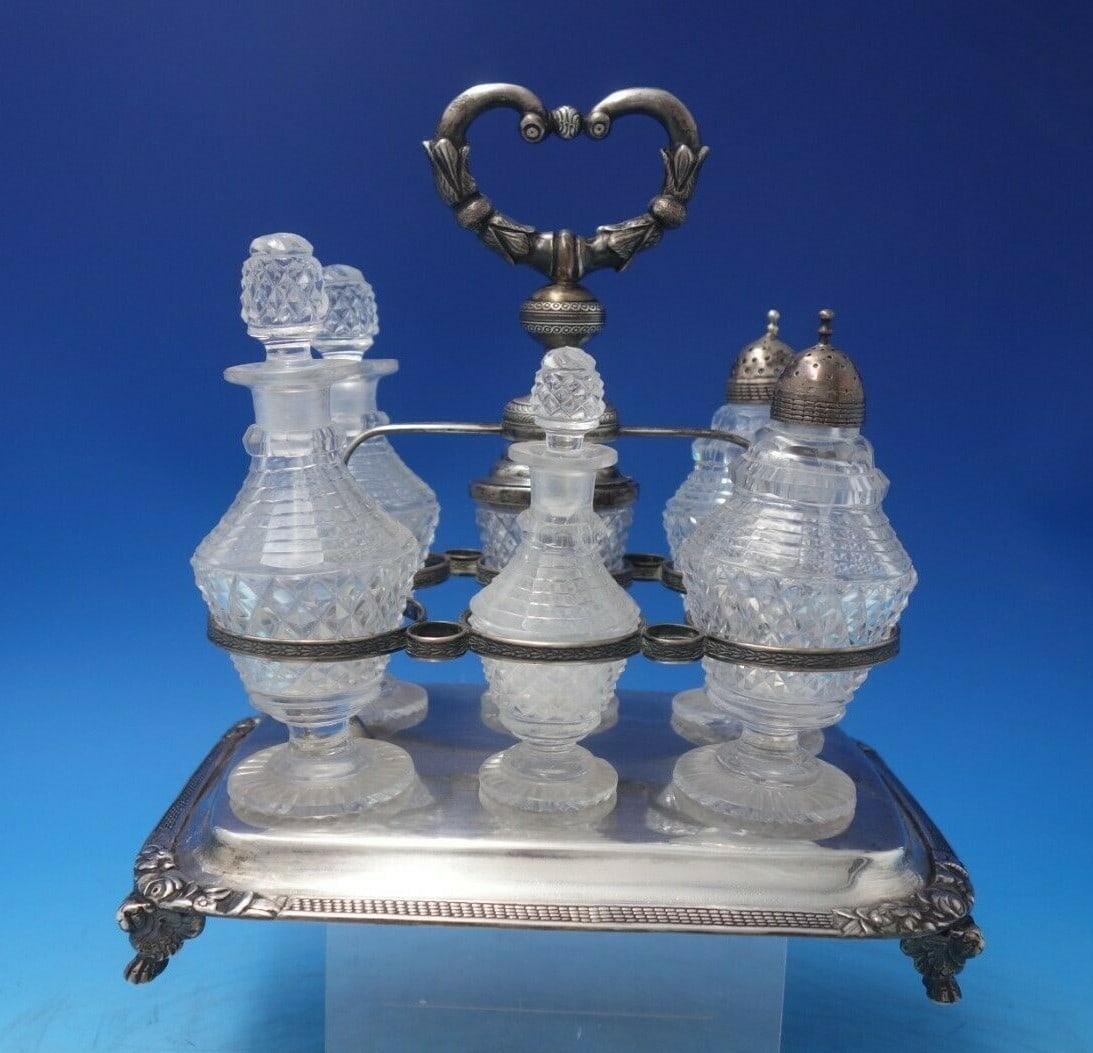 Elegant 7 Piece Silverplate Cruet Set with Footed Caddy and 6 Glass Bottles (1 of 12)