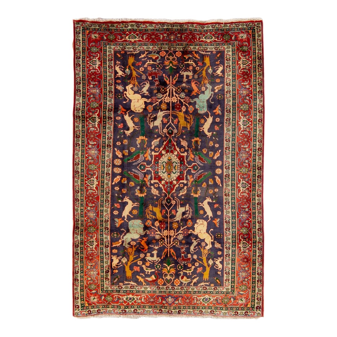 Vintage Persian Shiraz Hand-Knotted Blue Wool Rug 6'7 x 10'2: Vintage Persian Shiraz Hand-Knotted Blue Wool Rug 6'7 x 10'2 This exquisite vintage Persian Shiraz rug features a stunning blue field with an intricately designed multi-color frame and an all-over pic