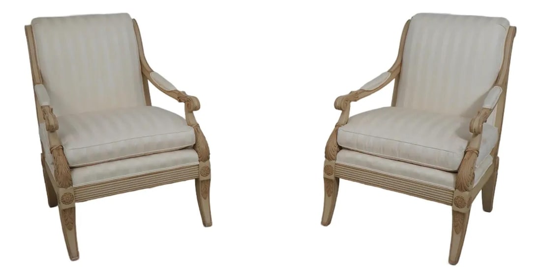 Elegant Pair of French Regency Upholstered Armchairs: Elegant Pair of French Regency Upholstered Armchairs This exquisite pair of French Regency open armchairs features fine carved details and a high-quality construction that epitomizes elegance. With sc
