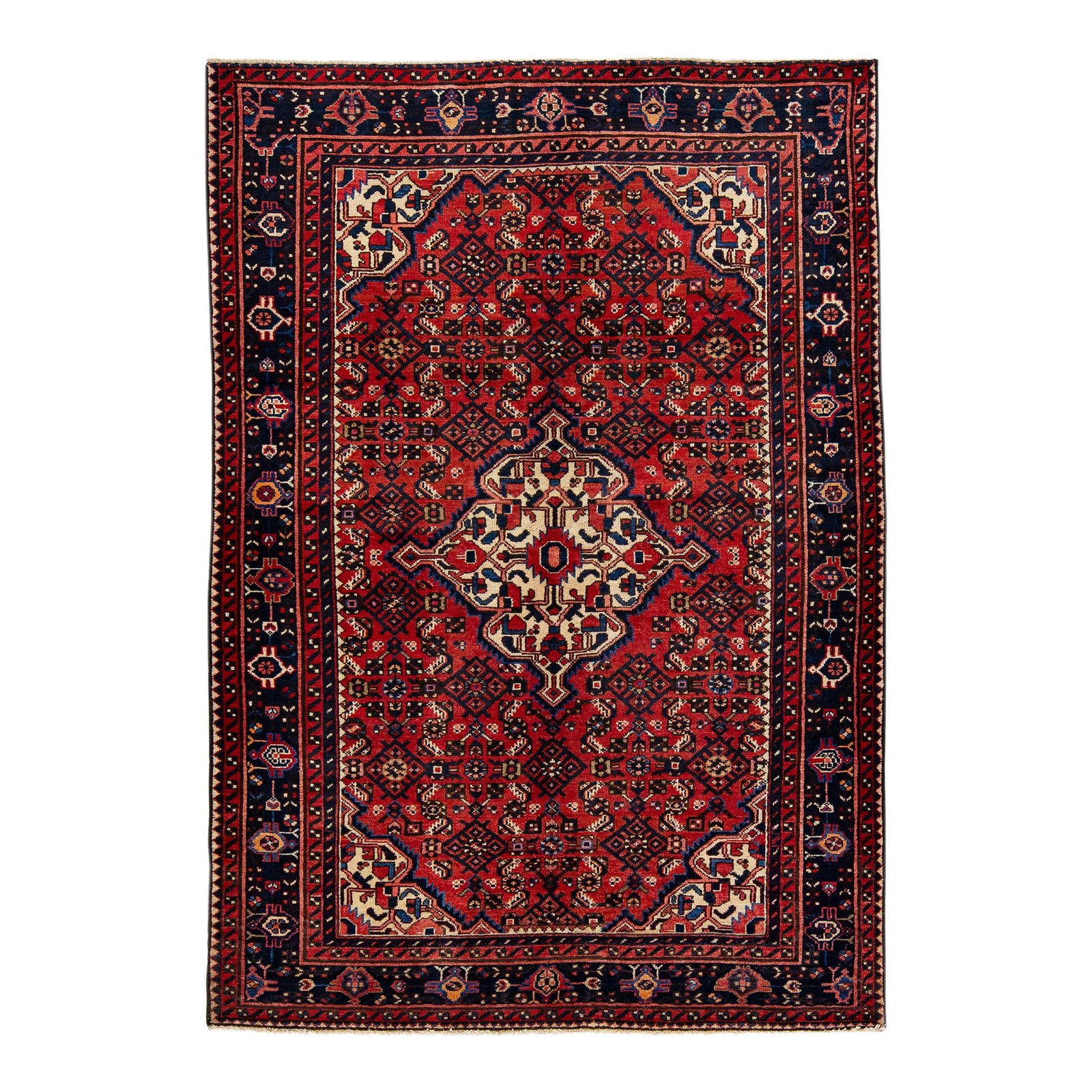 Vintage Persian Hamadan Red Wool Medallion Rug 4'8 x 6'8: Vintage Persian Hamadan Red Wool Medallion Rug 4'8 x 6'8 This exquisite vintage Persian Hamadan rug features a stunning red field beautifully complemented by a navy blue frame and vibrant multicolor a
