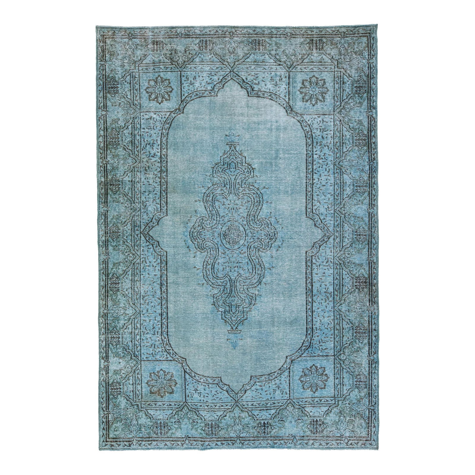 Vintage Persian Hand-Knotted Blue Wool Medallion Rug 6'9 x 10'3: Vintage Persian Hand-Knotted Blue Wool Medallion Rug 6'9 x 10'3 Discover the charm of this Vintage Persian Overdyed Handmade Medallion Rug, showcasing a stunning blue field adorned with intricate blac