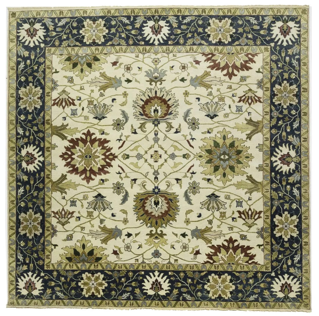 Handmade Cream Floral Wool Chobi Peshawar Square Rug 10x10: Handmade Cream Floral Wool Chobi Peshawar Square Rug 10x10 Enhance your living space with this exquisite 10x10 square handmade cream floral Chobi Peshawar rug. Crafted from high-quality wool, this are