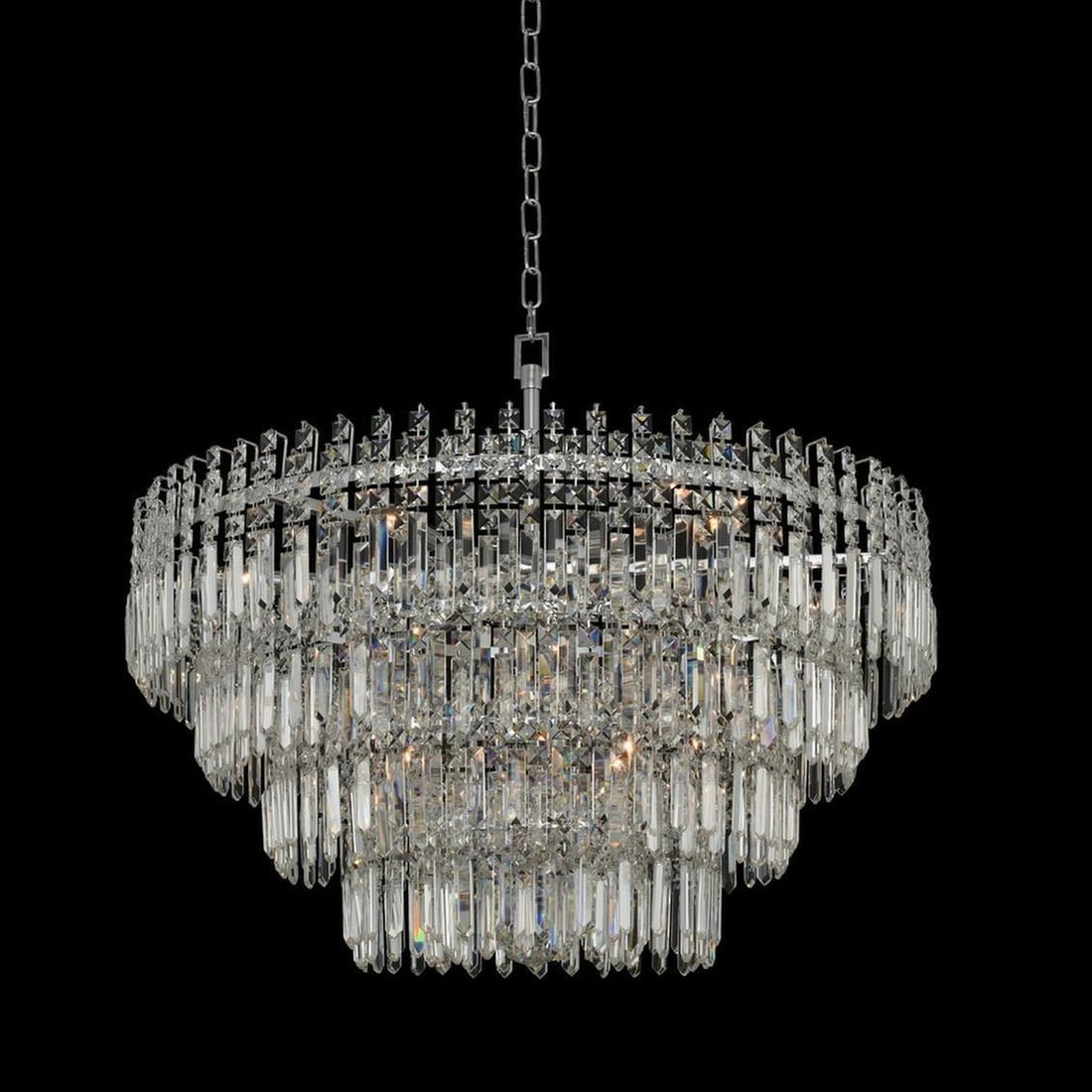 Kalco Pandoro Chrome Crystal Pendant Light Modern Classic 27H 33W 33D: Kalco Pandoro Chrome Crystal Pendant Light Modern Classic 27H 33W 33D Enhance your space with the Striking Pandoro Crystal Pendant Light, a stunning piece that combines modern elegance with classic ch