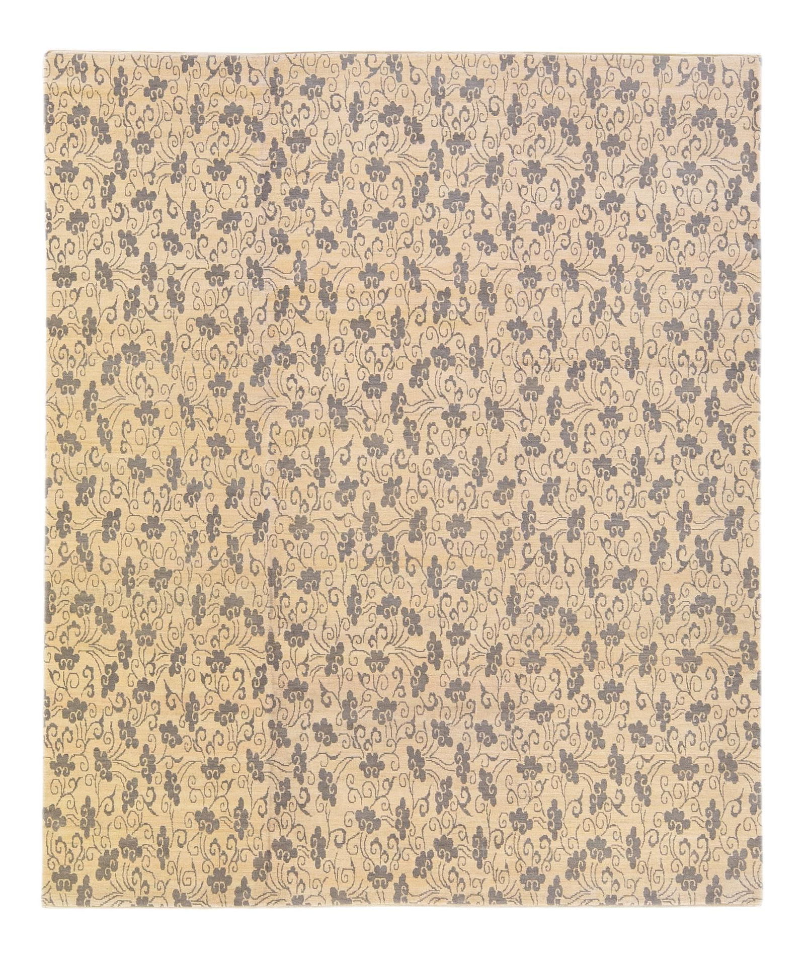 Modern Tibetan Hand-Knotted Floral Rug Beige Wool Silk 8'3 x 9'10: Modern Tibetan Hand-Knotted Floral Rug Beige Wool Silk 8'3 x 9'10 Enhance your space with this exquisite modern Tibetan hand-knotted rug, featuring a luxurious blend of wool and silk. The rug showcase