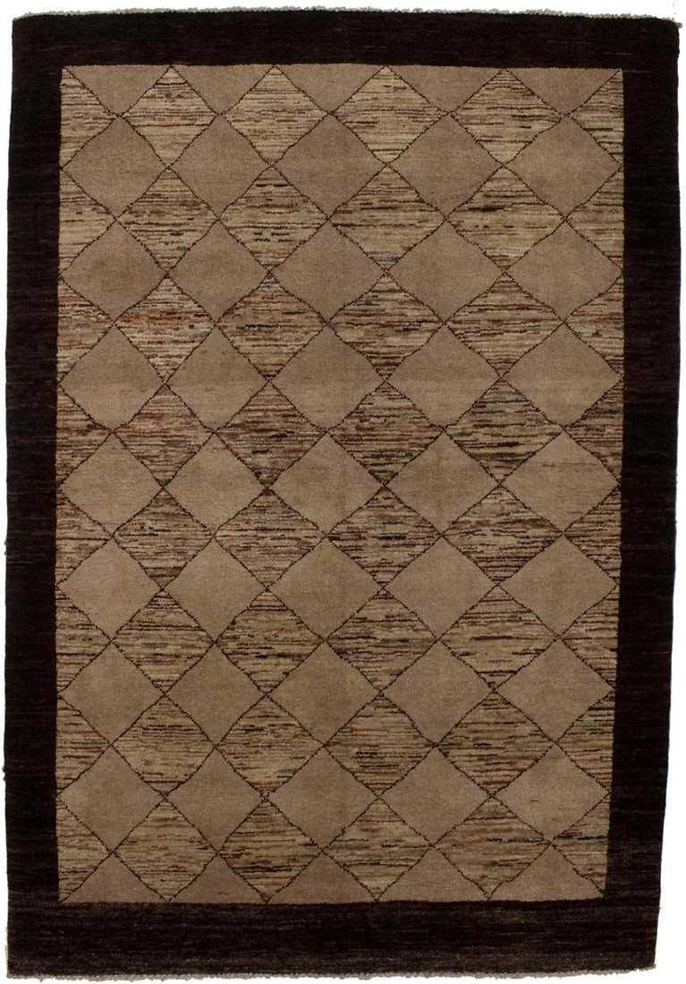 Modern Tribal Wool Area Rug 3'11 x 5'9 Hand-Knotted Gabbeh Chobi Design: Modern Tribal Wool Area Rug 3'11 x 5'9 Hand-Knotted Gabbeh Chobi Design This is a handmade Gabbeh Chobi area rug crafted in Western Asia, featuring a modern tribal design with a bordered pattern. The