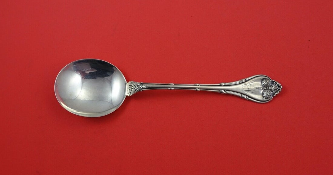 Whiting Empire Sterling Silver Gumbo Spoon 6.75" Monogrammed: Whiting Empire Sterling Silver Gumbo Spoon 6.75" Monogrammed This exquisite gumbo spoon features the elegant Empire pattern by Whiting, crafted from high-quality sterling silver. Measuring 6 3/4" in l
