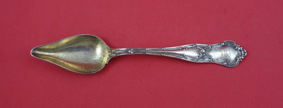Sterling Silver Gold Washed Invalid Spoon in Gothic Pattern by Shiebler 6.25 Inch: Sterling Silver Gold Washed Invalid Spoon in Gothic Pattern by Shiebler 6.25 Inch This is a Shiebler Gothic pattern sterling silver invalid spoon featuring a gold-washed finish. The spoon measures 6 1