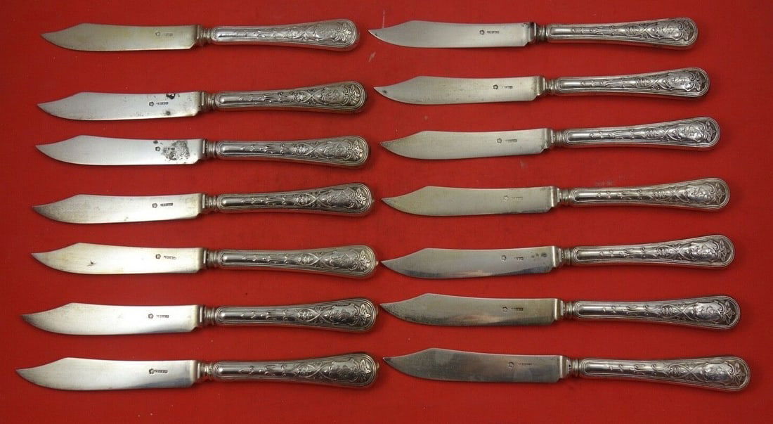 Austrian .800 Silver 14-Piece Fish Set Hollow Handle Knives: Austrian .800 Silver 14-Piece Fish Set Hollow Handle Knives This exquisite 14-piece fish set is crafted from .800 silver and showcases the artistry of Austrian sterling craftsmanship. Made between 186