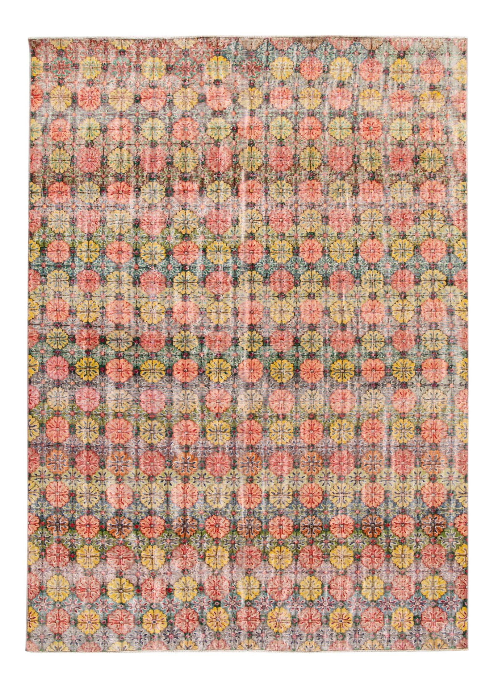 Art Deco Vintage Turkish Handmade Wool Rug Pink Floral 6'9 x 9'4: Art Deco Vintage Turkish Handmade Wool Rug Pink Floral 6'9 x 9'4 This stunning vintage Turkish hand-knotted wool rug features a vibrant multi-color field with a captivating all-over geometric floral d