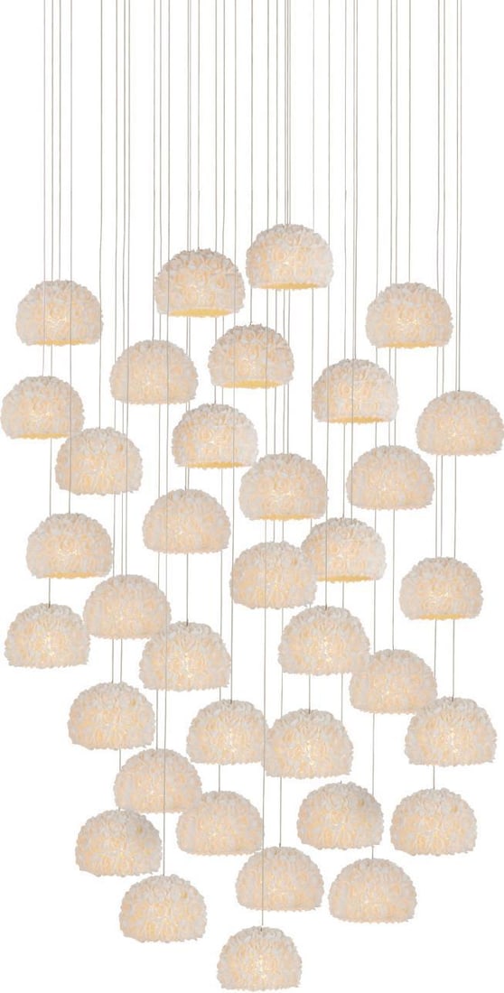 Currey Virtu 36-Light Pendant Clamrose Shell Adjustable Dimmable: Currey Virtu 36-Light Pendant Clamrose Shell Adjustable Dimmable Elevate your interior decor with the Elegant Virtu Pendant, a stunning multi-drop lighting fixture designed for luxurious spaces. This