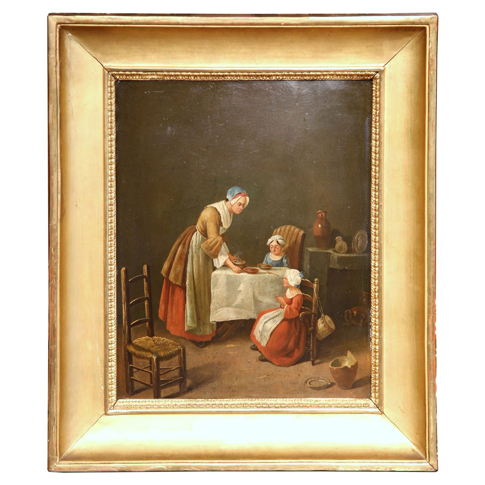 19th Century French Oil Painting After Chardin Saying Grace in Giltwood Frame: 19th Century French Oil Painting After Chardin Saying Grace in Giltwood Frame This exquisite 19th-century French genre painting, inspired by Jean-Baptiste-Simeon Chardin's "Le Benedicite," captures a