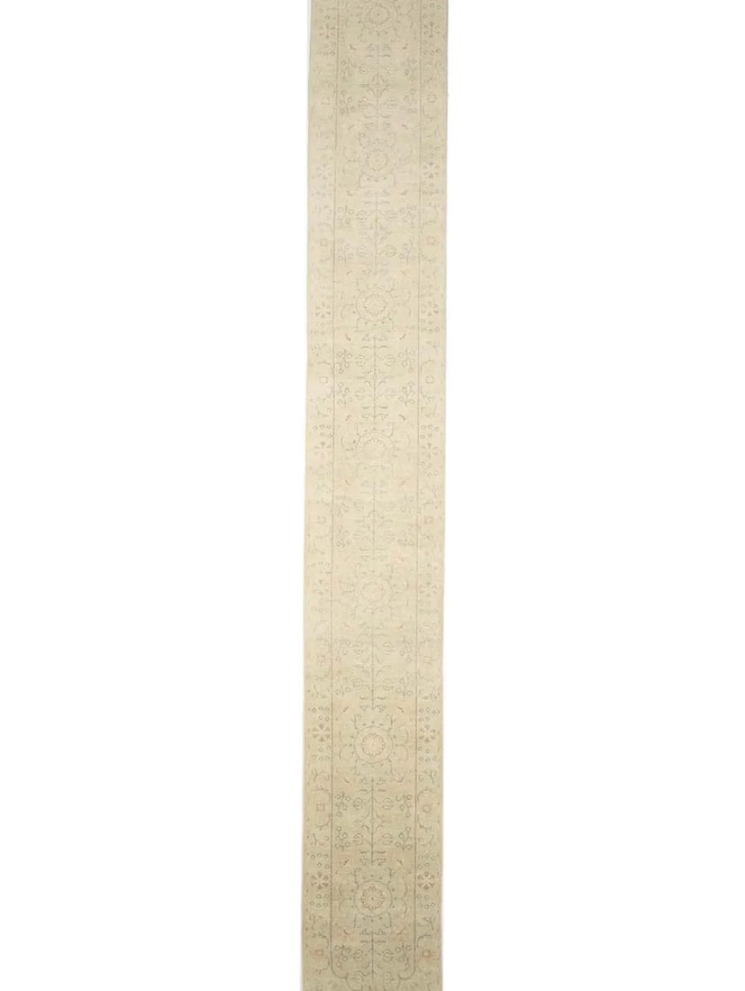 Muted Green Floral Wool Hand-Knotted Runner Rug 2'7 x 17'10 from India: Muted Green Floral Wool Hand-Knotted Runner Rug 2'7 x 17'10 from India This hand-knotted runner rug features a transitional floral pattern in muted shades of light green, cream, beige, and brown. Craf