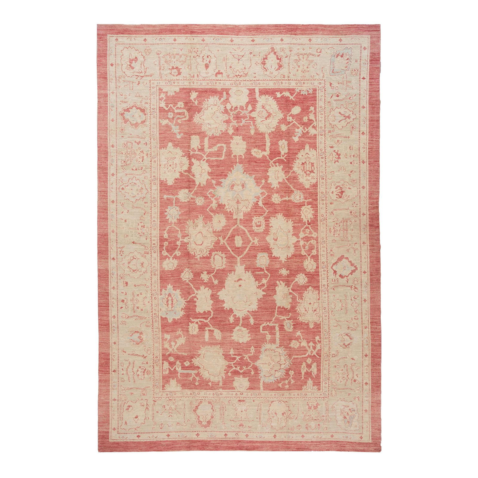 Handmade Turkish Oushak Floral Wool Rug 11'9 x 17'10: Handmade Turkish Oushak Floral Wool Rug 11'9 x 17'10 Discover the elegance of this Modern Turkish hand-knotted wool rug, featuring a vibrant red field adorned with a beautifully designed blue frame an