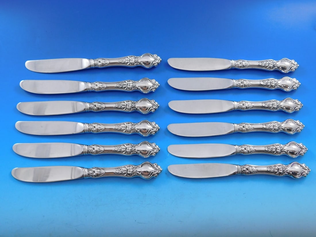 Wallace Violet Sterling Silver Butter Spreaders Set of 12 Modern 6 3/8 Inch: Wallace Violet Sterling Silver Butter Spreaders Set of 12 Modern 6 3/8 Inch This exquisite set of 12 butter spreaders from Wallace features the elegant Violet pattern, crafted with sterling silver hol