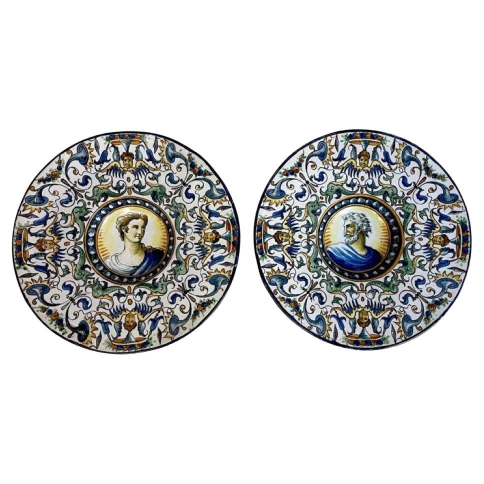 Set of 2 19th C Italian Renaissance Majolica Portrait Chargers: Set of 2 19th C Italian Renaissance Majolica Portrait Chargers Discover a striking pair of 19th-century Italian Renaissance-style Majolica portrait chargers, reminiscent of Cantagalli craftsmanship. E