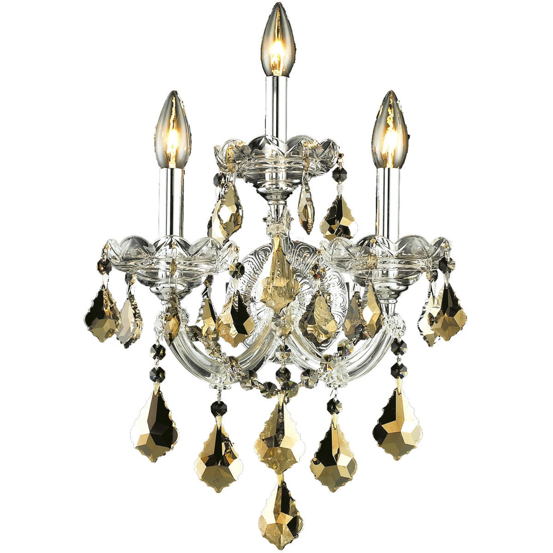 Maria Theresa 3 Light Chrome Wall Sconce with Golden Teak Crystals 22 inch: Maria Theresa 3 Light Chrome Wall Sconce with Golden Teak Crystals 22 inch The Maria Theresa 3-Light Wall Sconce features a stunning chrome frame adorned with golden teak crystals, offering a classic