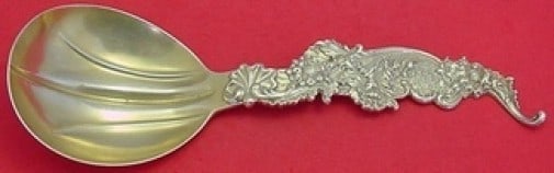 Shiebler Sterling Silver Gold Washed Floral Berry Spoon 9 1/8" Monogrammed: Shiebler Sterling Silver Gold Washed Floral Berry Spoon 9 1/8" Monogrammed This exquisite berry spoon is crafted from sterling silver by the renowned maker Shiebler. The spoon features a graceful flor