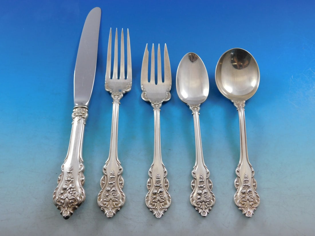 Amston Donatello Sterling Silver Flatware Set for 8 - 43 Pieces with Chest: Amston Donatello Sterling Silver Flatware Set for 8 - 43 Pieces with Chest Enhance your dining experience with the exquisite Donatello Sterling Silver Flatware Set by Amston, designed for service for