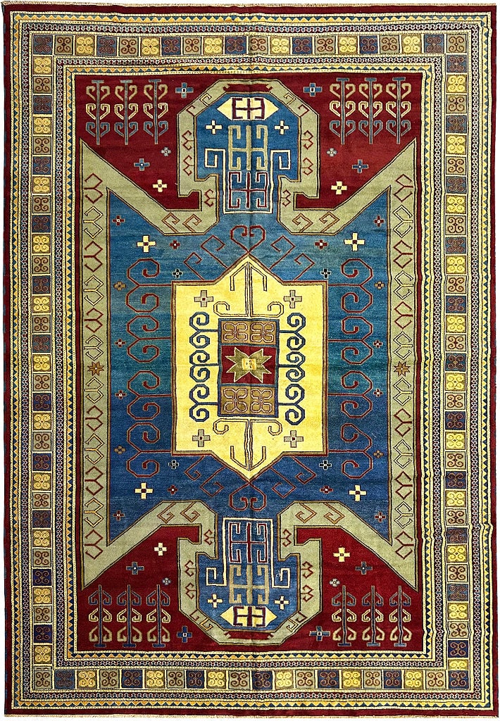 12 x 18.1 Kazak Geometric Handmade Wool Area Rug: 12 x 18.1 Kazak Geometric Handmade Wool Area Rug Free continental US Shipping Discover the beauty of our handmade Kazak rug, measuring 12' x 18.1'. This striking area rug features intricate geometric