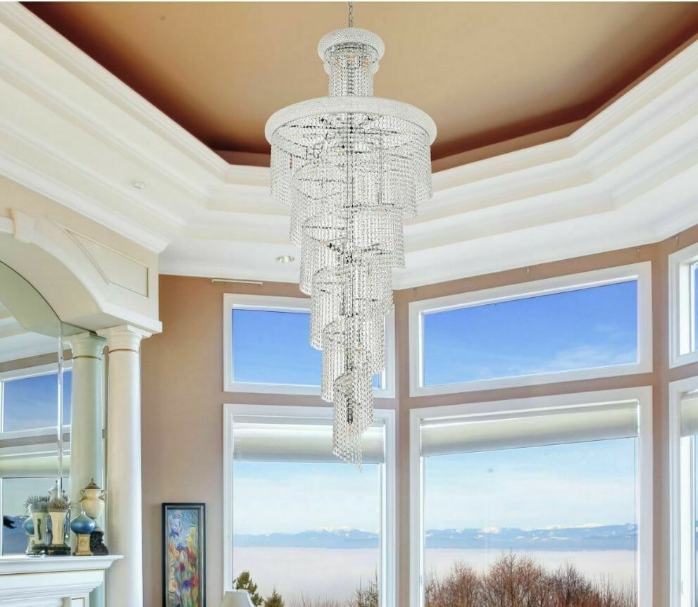 Spiral 28-Light Crystal Chrome Chandelier 72 Inch Modern Foyer Ceiling Fixture: Spiral 28-Light Crystal Chrome Chandelier 72 Inch Modern Foyer Ceiling Fixture This large spiral chandelier features a modern design with 28 lights, crafted from high-quality royal cut crystal and fin