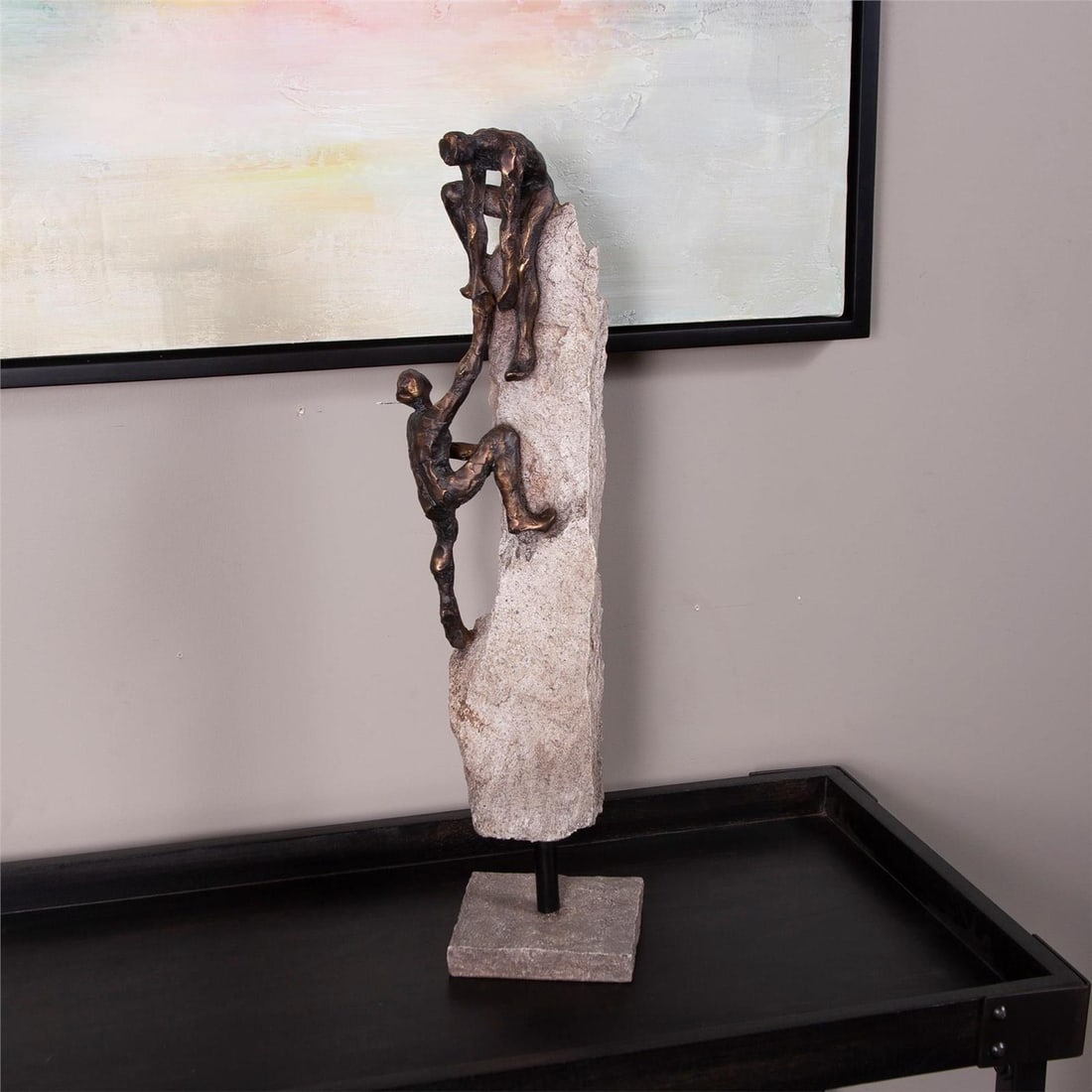 Abstract Polyresin Teamwork Statue with Brown Gold Leaf Finish by Howard Elliott: Abstract Polyresin Teamwork Statue with Brown Gold Leaf Finish by Howard Elliott This abstract teamwork figure statue features a rich bronze appearance with a brown gold leaf finish. Crafted from dura