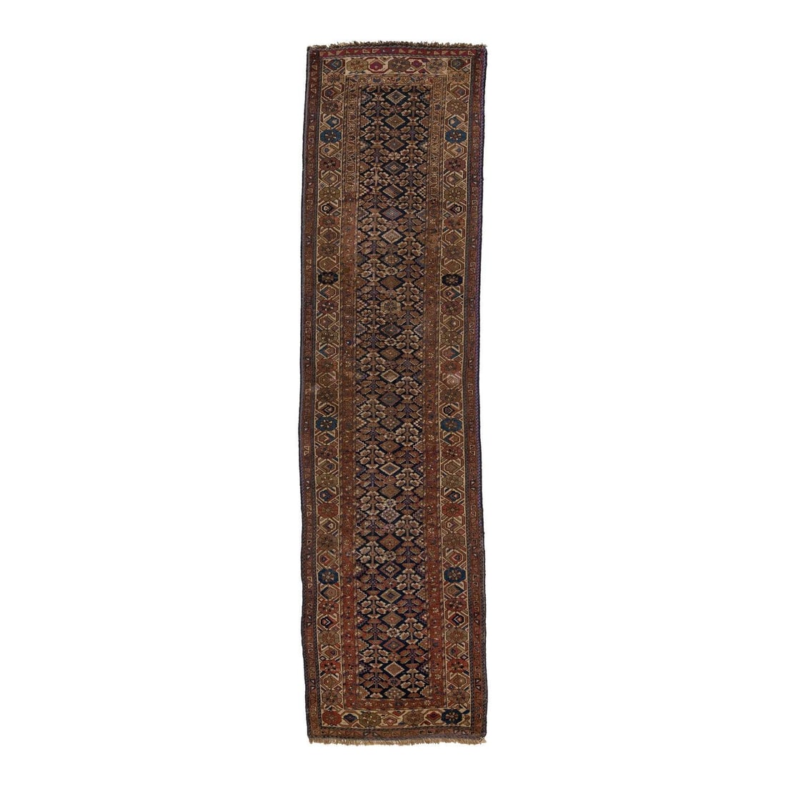 Antique Malayer Wool Runner 3'7 x 13'6 Blue Brown Handmade Rug: Antique Malayer Wool Runner 3'7 x 13'6 Blue Brown Handmade Rug This exquisite 20th-century Malayer runner rug showcases a hand-knotted construction in a rich navy blue field, adorned with captivating
