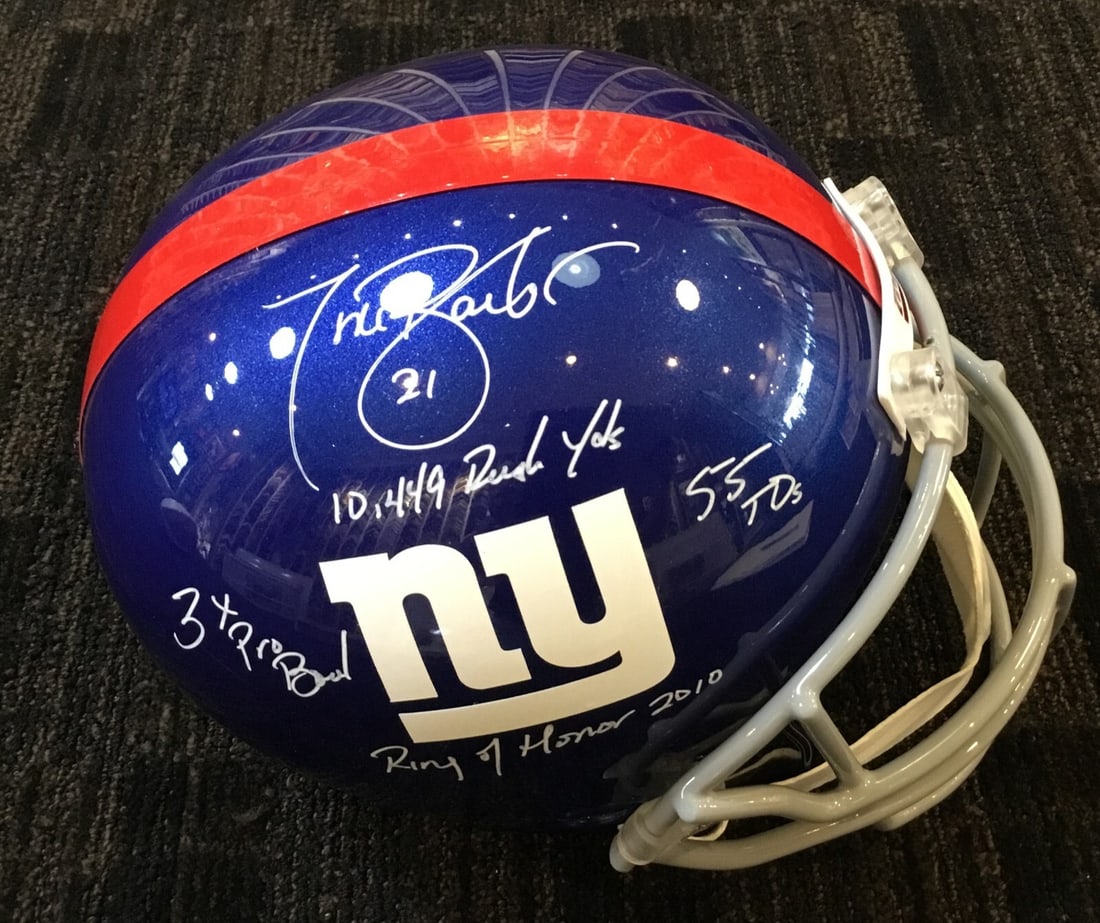 Tiki Barber Signed NY Giants Full Size Helmet JSA Authenticated with 4 Inscriptions: Tiki Barber Signed NY Giants Full Size Helmet JSA Authenticated with 4 Inscriptions This is a full-size replica helmet of the New York Giants, signed by NFL legend Tiki Barber. The helmet features fou