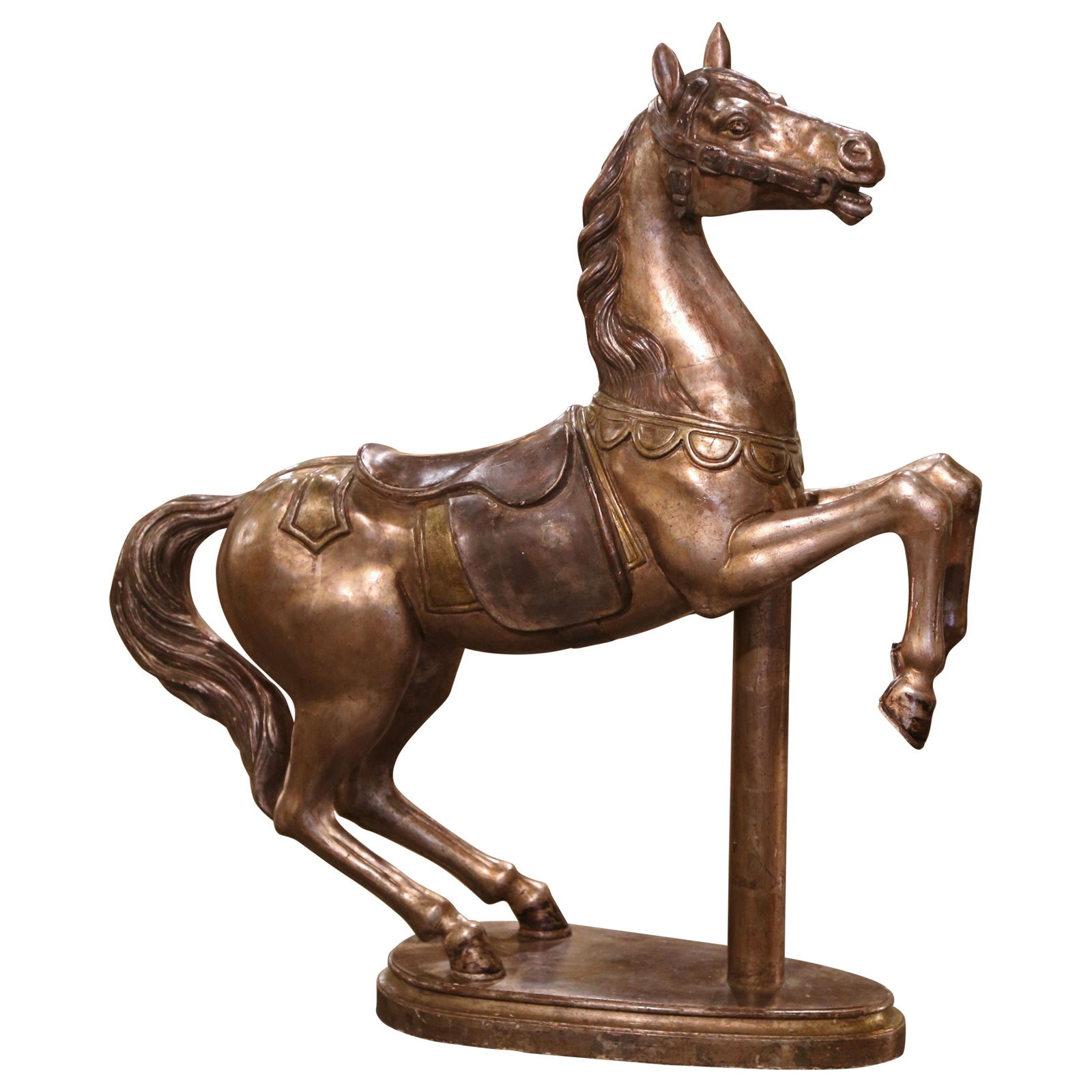 Late 19th Century French Silvered Carousel Horse Sculpture: Late 19th Century French Silvered Carousel Horse Sculpture This stunning late 19th century French carousel horse is a remarkable piece of craftsmanship, expertly hand-carved and hand-painted. Standing