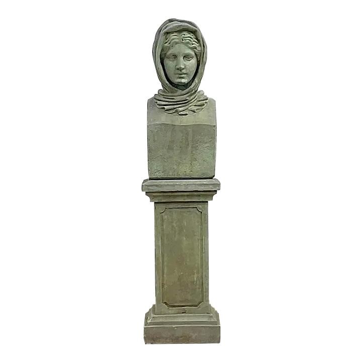 Elegant Vintage Regency Concrete Bust Woman in Hood 51.25 in Celadon: Elegant Vintage Regency Concrete Bust Woman in Hood 51.25 in Celadon This Vintage Regency Cast Concrete Bust of a Woman in a Hood embodies the elegance and grandeur of American Regency style. Crafted