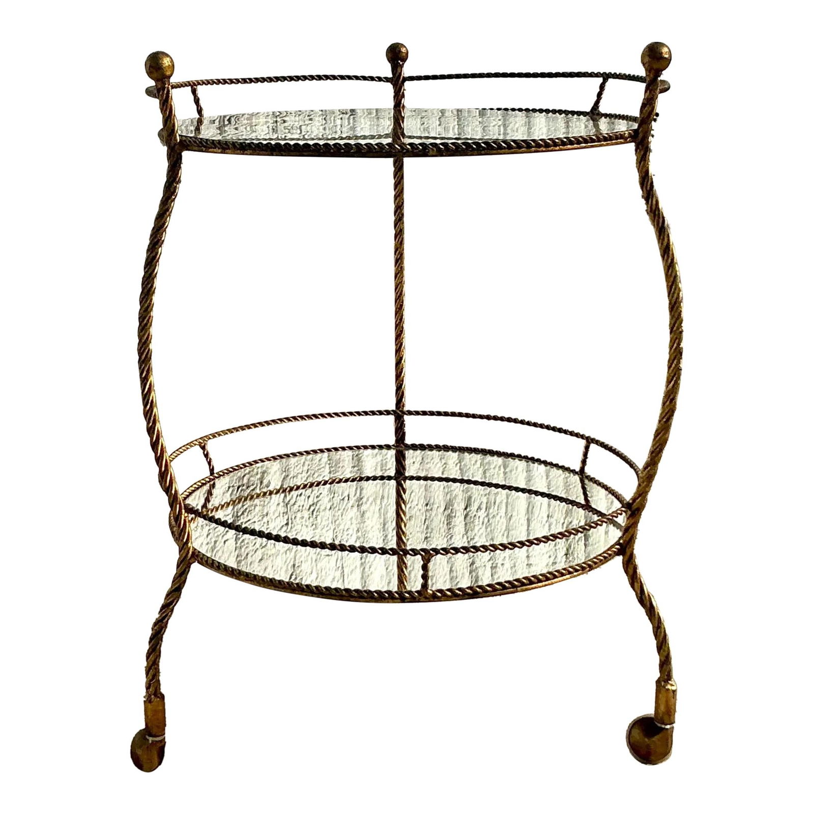 Vintage Regency Gilt Twisted Bar Cart with Glass and Mirror Shelves: Vintage Regency Gilt Twisted Bar Cart with Glass and Mirror Shelves Elevate your home with this stunning Mid 20th Century Vintage Regency Gilt Twisted Bar Cart. Crafted with intricate twisted gilt met