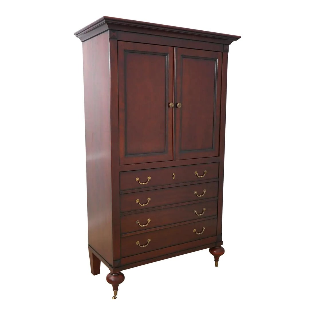 French Empire Cherry Wood TV Armoire Cabinet with Brass Feet: French Empire Cherry Wood TV Armoire Cabinet with Brass Feet Elegant and timeless, this French Made Empire Cherry TV Armoire Cabinet showcases exquisite craftsmanship from approximately 30 years ago.