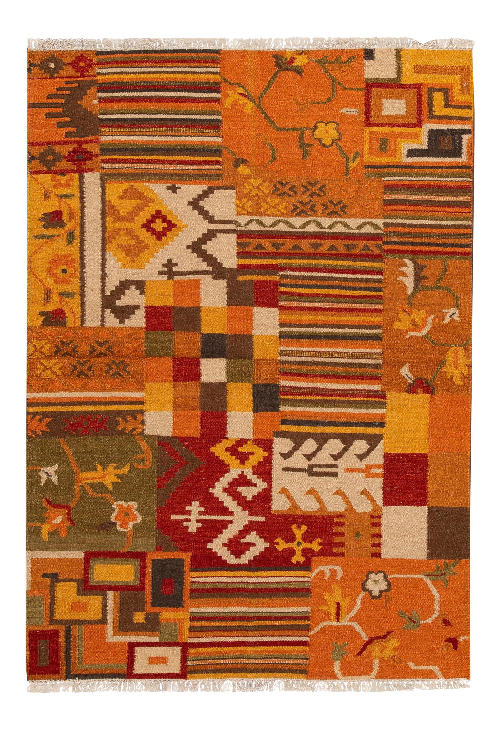 Hand-Woven Modern Kilim Rug 4'7'' x 6'5'' Wool Burnt Orange: Hand-Woven Modern Kilim Rug 4'7'' x 6'5'' Wool Burnt Orange This exquisite hand-woven modern Kilim rug features a vibrant multi-color field adorned with an all-over geometric design. The rug measures